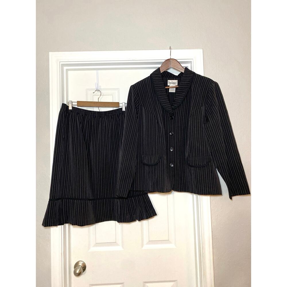 Vintage Periwinkle Black Pinstripe Skirt Suit Set 18W 90s Y2K Pleated Drop Waist